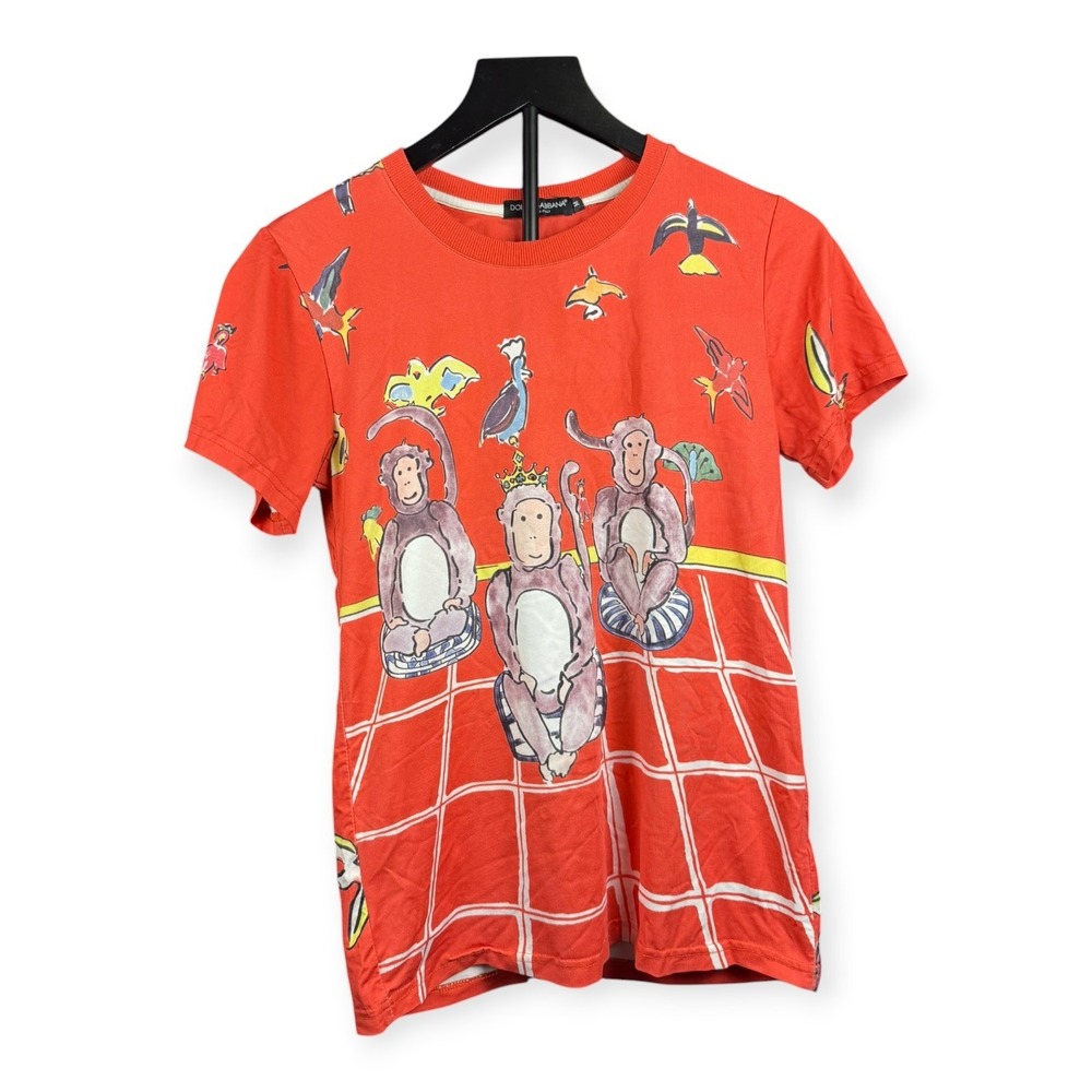 Dolce & Gabbana Monkey Bird Graphic T-Shirt Mens M Red Designer Luxury Art Tee